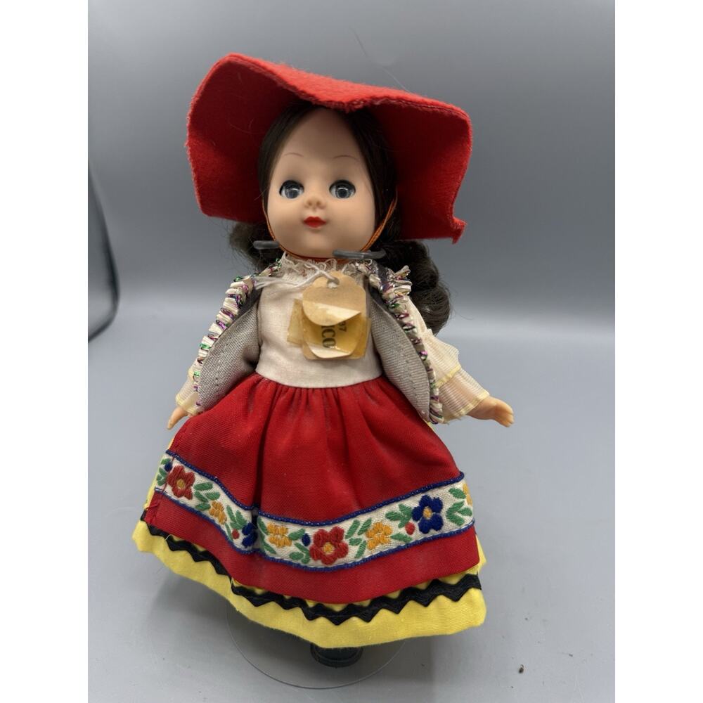 Vintage Mexico Folk Costume Doll Red Hat Braids Embroidered Dress Stand
